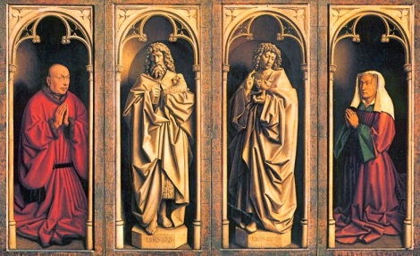 Detalle del Políptico de Gante (paneles cerrados). Paneles centrales: San Juan Bautista y San Juan Evangelista. Paneles laterales: los donantes Jodocus Vijd y su esposa.