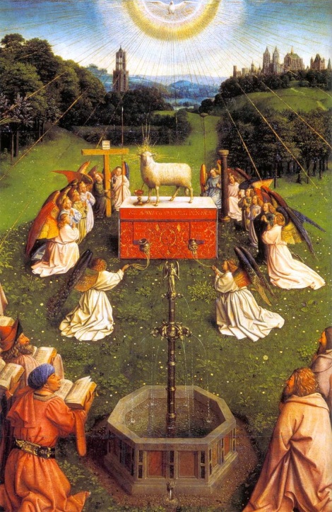 Celebración de la Eucaristía. Panel central inferior del Políptico de Gante.